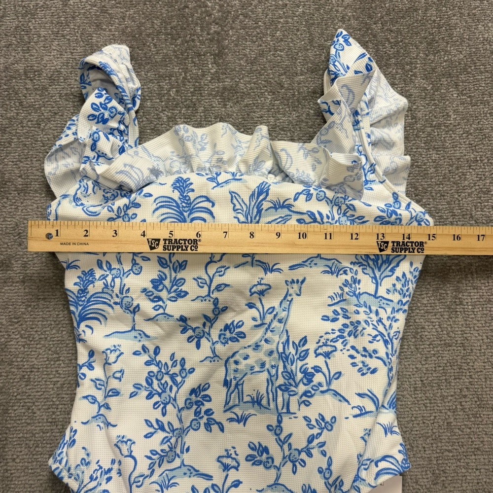 NWT Lilly Pulitzer Size 8 Aemma Ruffle Swim Suit White Blue Tall Tales Giraffe - Picture 7 of 13